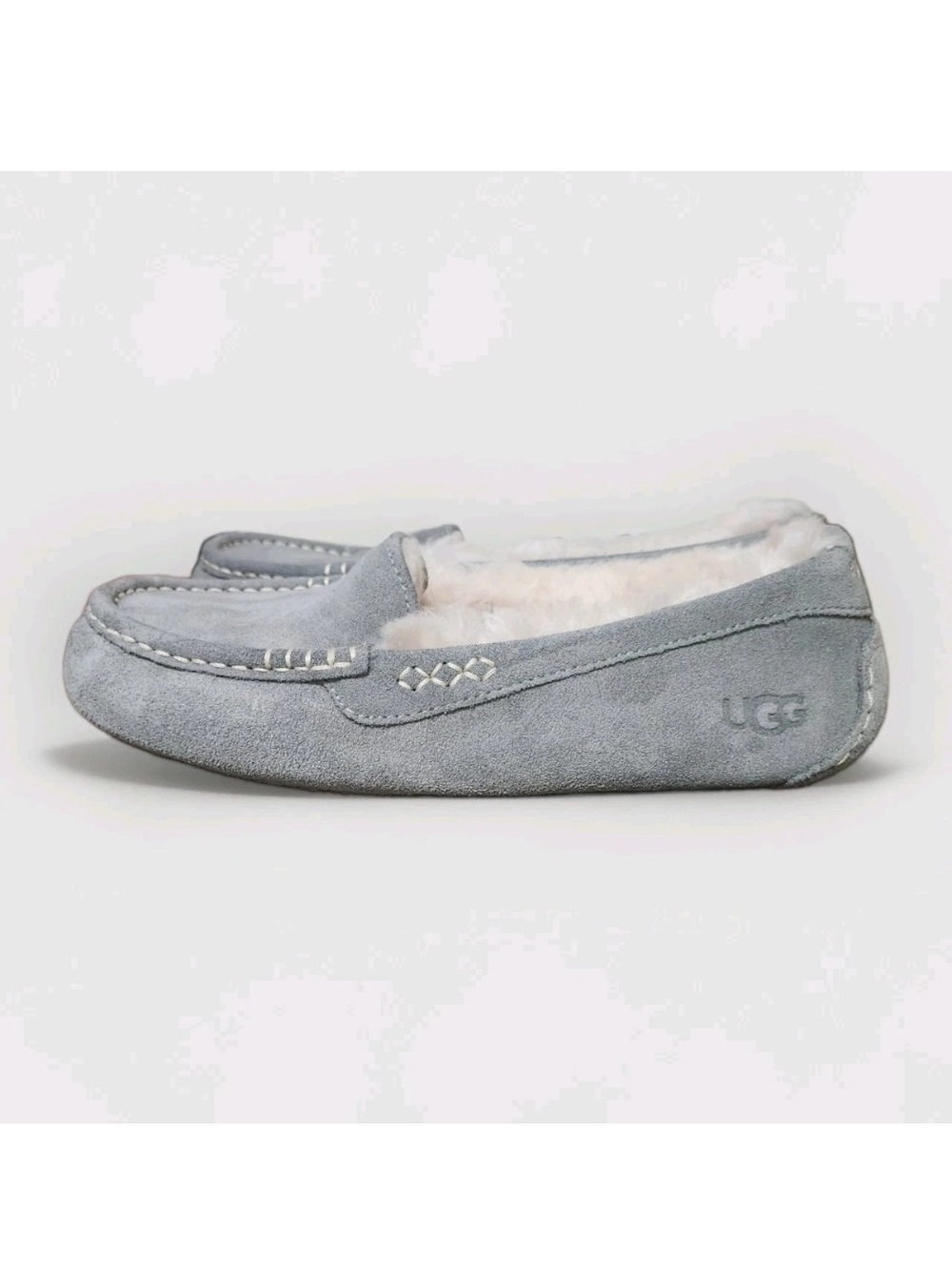 UGG Ansley Slippers 9 Gray Suede Sheepskin Lined Moccasin Cozy Excellent - Picture 4 of 15